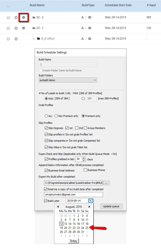 Change the date when the build is going to start