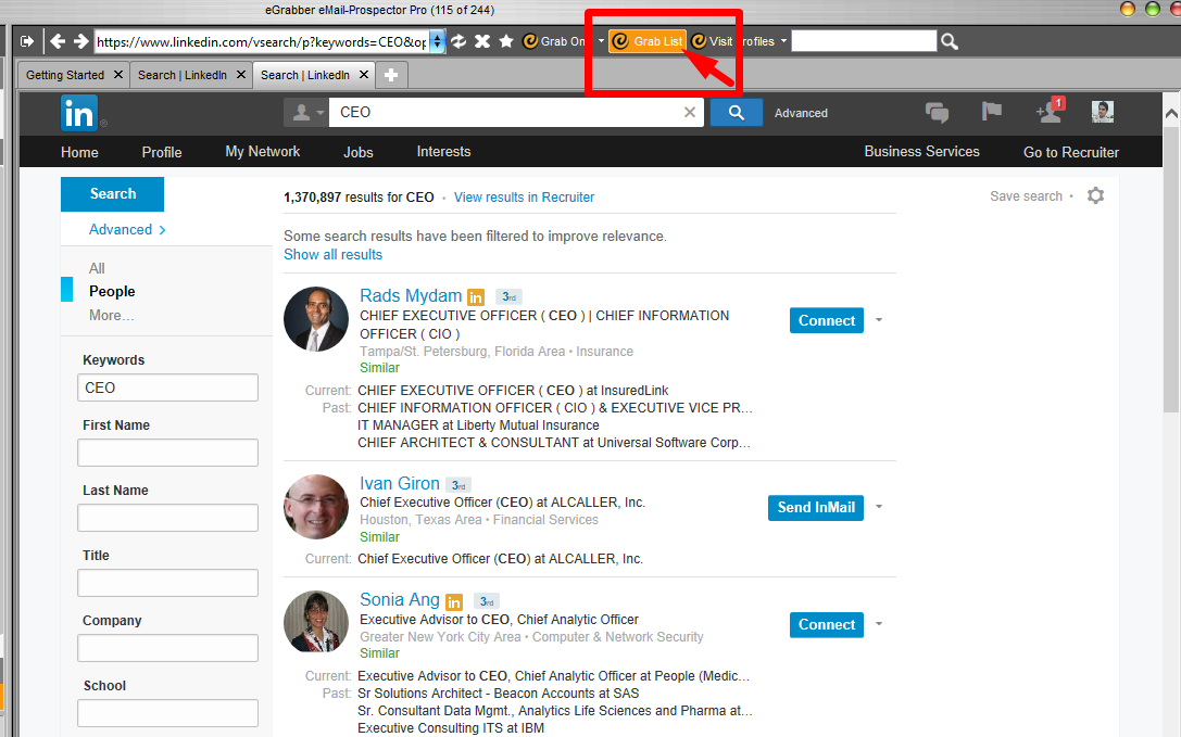 Getting Started with eMail-Prospector Pro 1 Click the "Grab List"