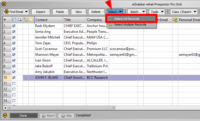 Getting Started with eMail-Prospector Pro 4 Select all the records to process