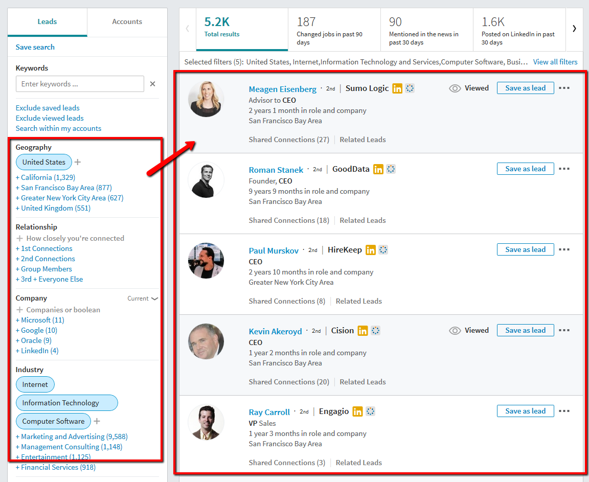 Search your LinkedIn for prospects you want to target