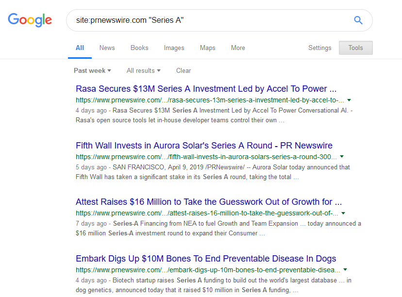 Searching Series A funding companies in google