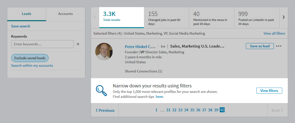 LinkedIn Sales Navigator search results
